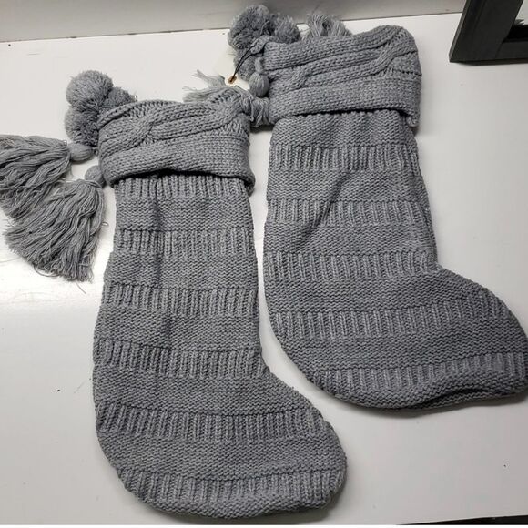 Hearth & Hand Set of 2 Gray Cable Knit Tassels Christmas Holiday Stockings New! - Picture 1 of 6
